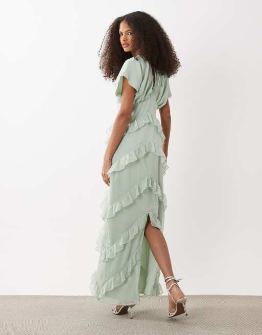 Pretty Lavish - Robe volantée longue en mousseline à col V - Vert sauge, 3 de 4