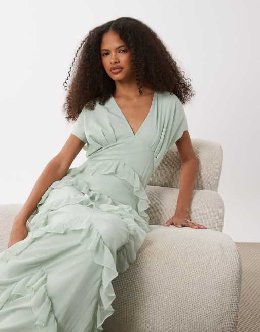 Pretty Lavish - Robe volantée longue en mousseline à col V - Vert sauge, 4 de 4