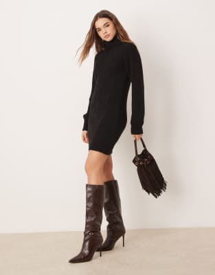 roll neck cable knitted mini dress in black