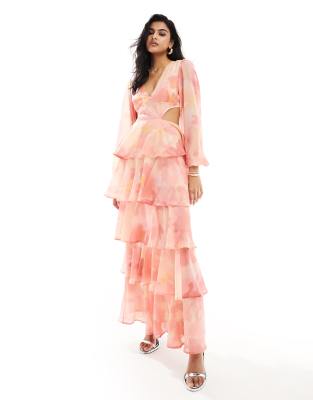 Pretty Lavish – Rosa blommig midaxiklänning med ballongärm och panelsydd design - view 1