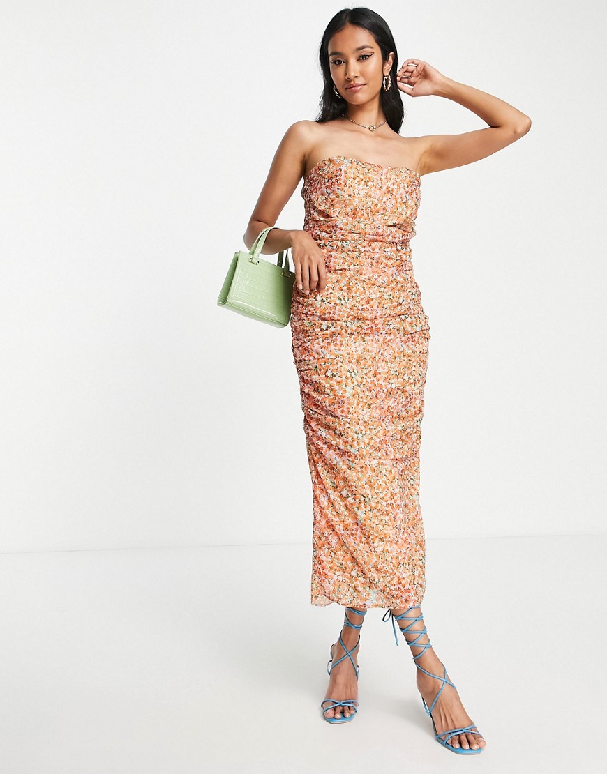 Pretty Lavish ruched bandeau midaxi dress in ditsy brown floral-Multi