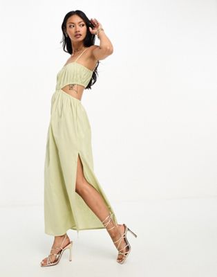 Pretty Lavish Ruched Cut-out Midaxi Dress In Olive-green