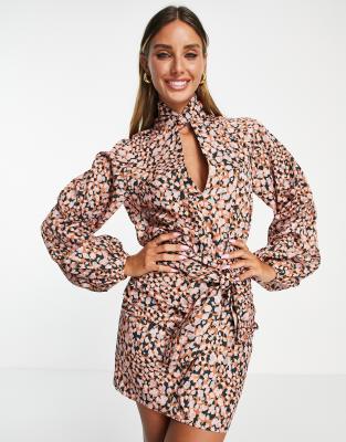 Pretty Lavish Ruched Keyhole Shirt Mini Dress In Abstract Animal Spot-multi