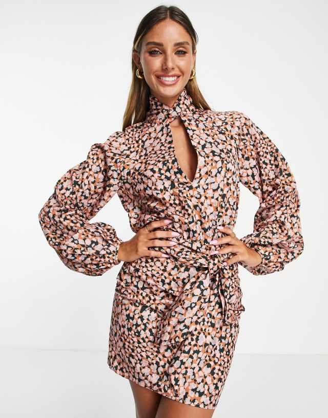 Pretty Lavish ruched keyhole shirt mini dress in abstract animal spot