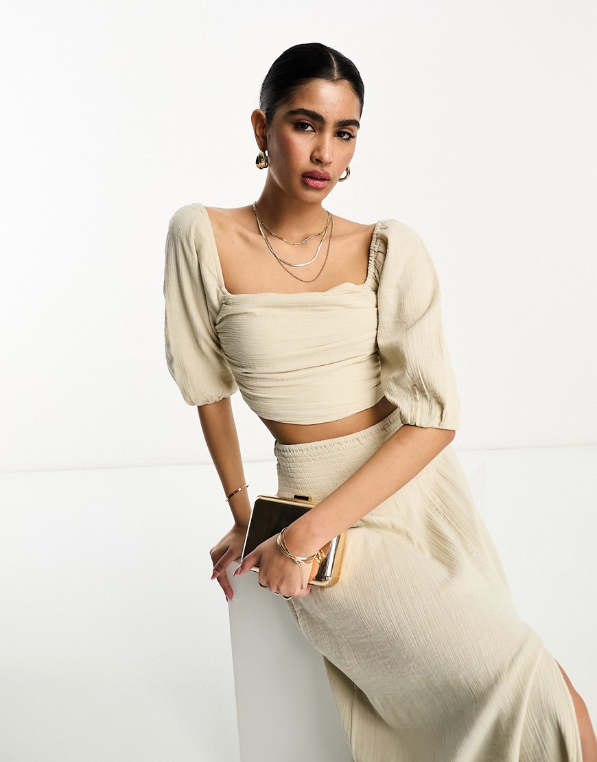 Pretty Lavish ruched puff sleeve crop top co-ord in stone-Neutral