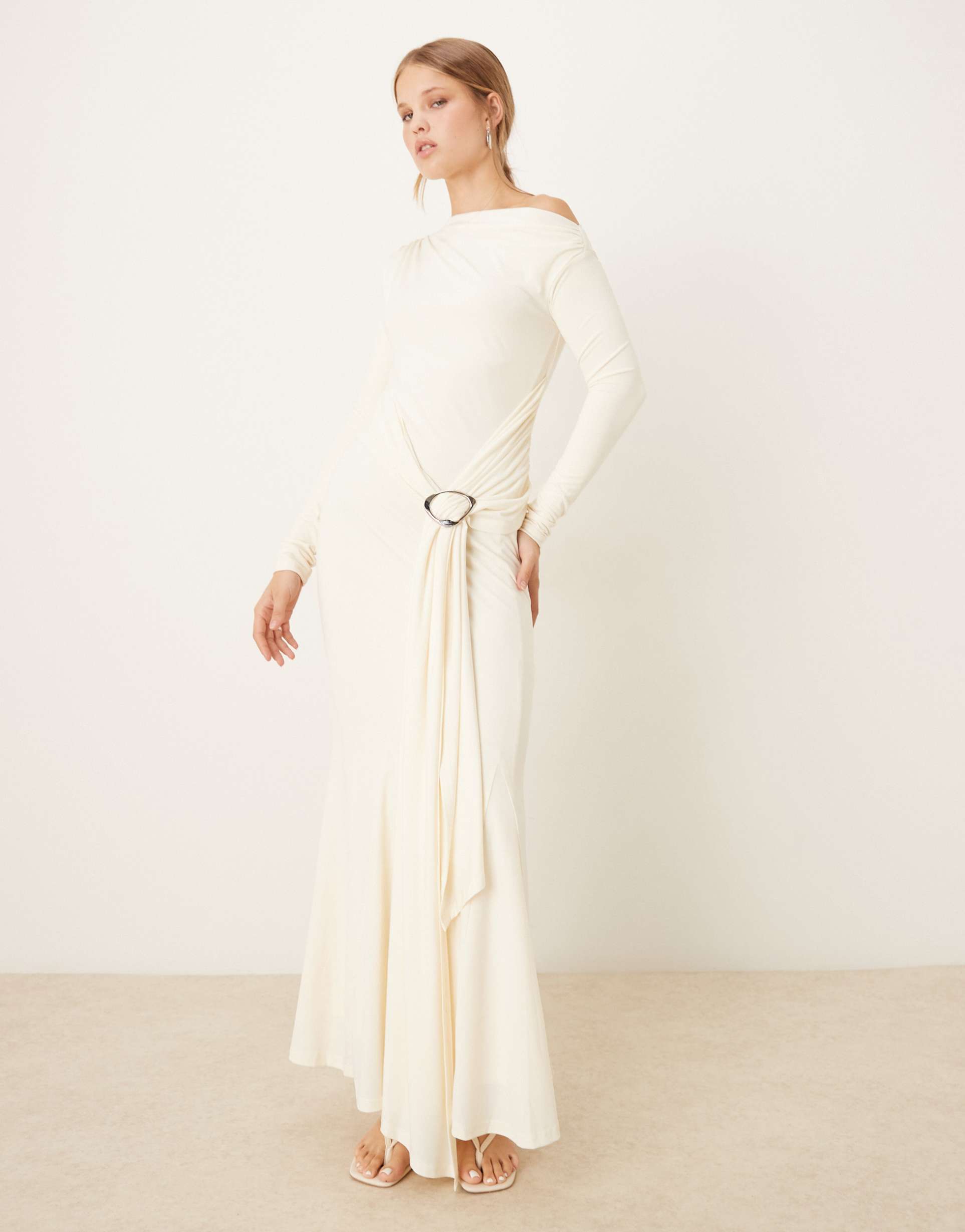 pretty lavish ruched trim jersey maxi dress in cream