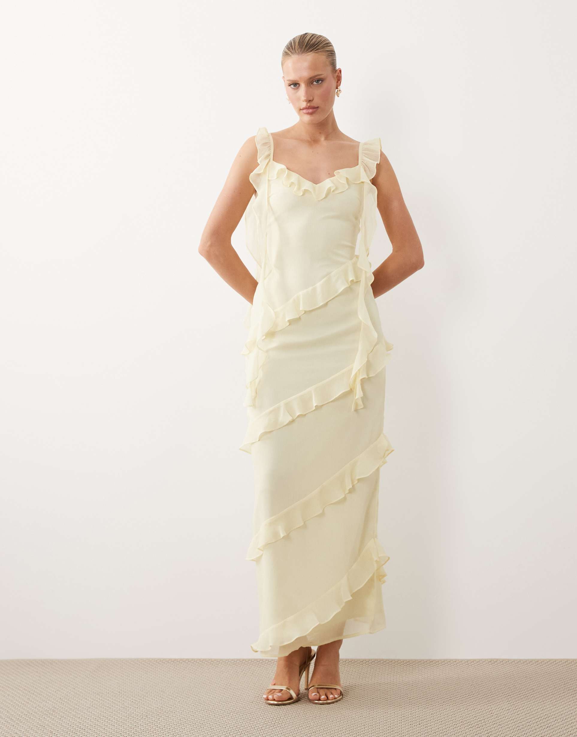 pretty lavish rue ruffled maxi dress with draping details in yellow