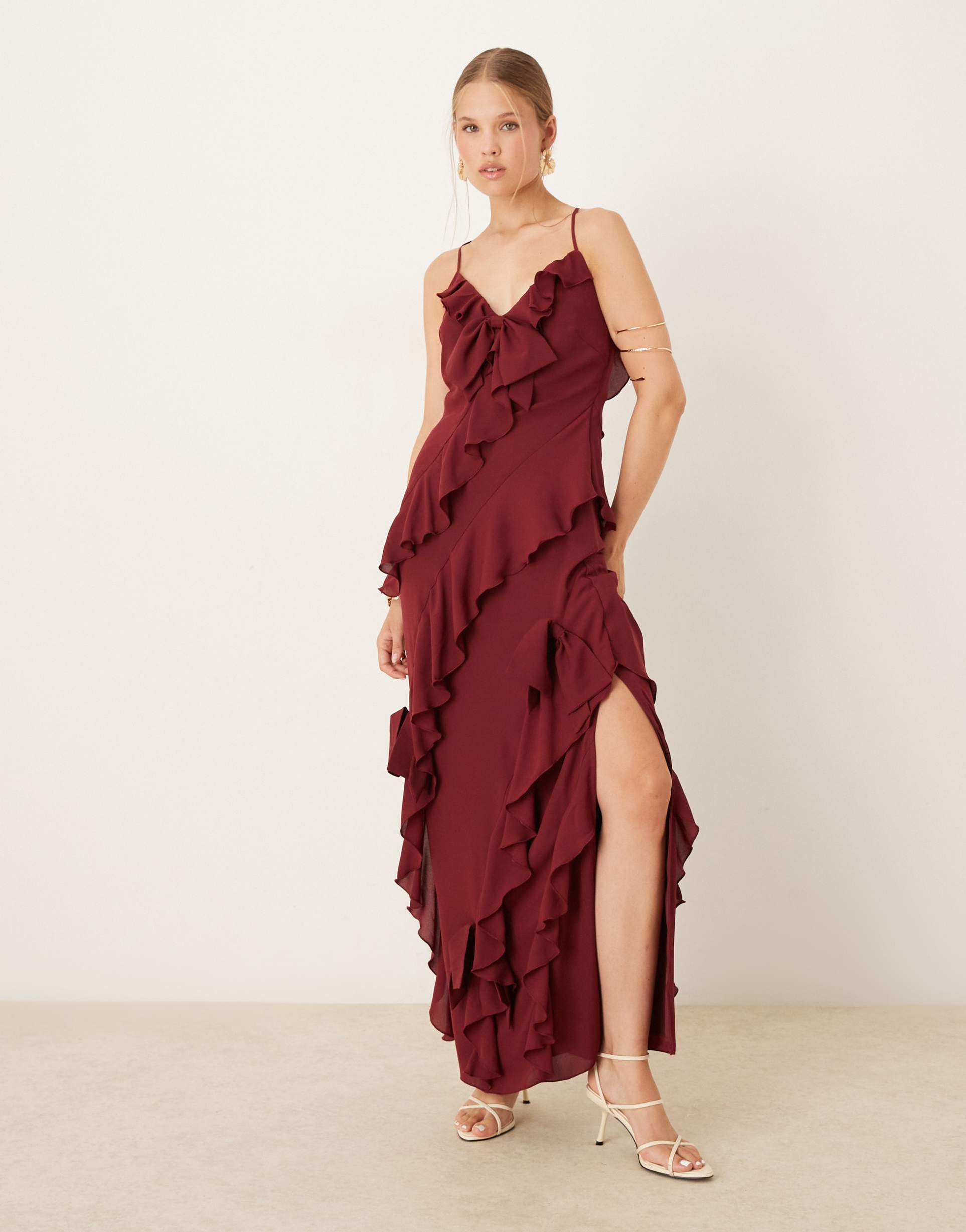 pretty lavish ruffle bow maxi dress in wine