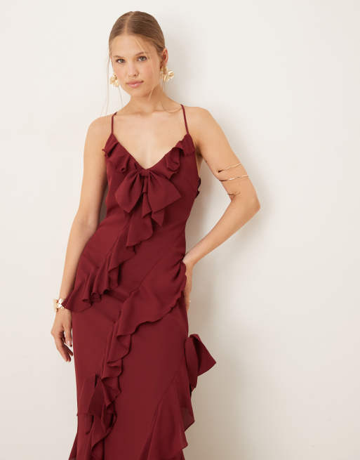 Pretty Lavish ruffle bow maxi dress in wine, 3 of 4
