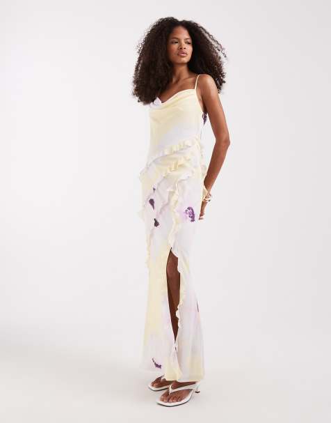 Pretty Lavish ruffle cami cowl neck maxi dress in watercolor lemon floral - view 1