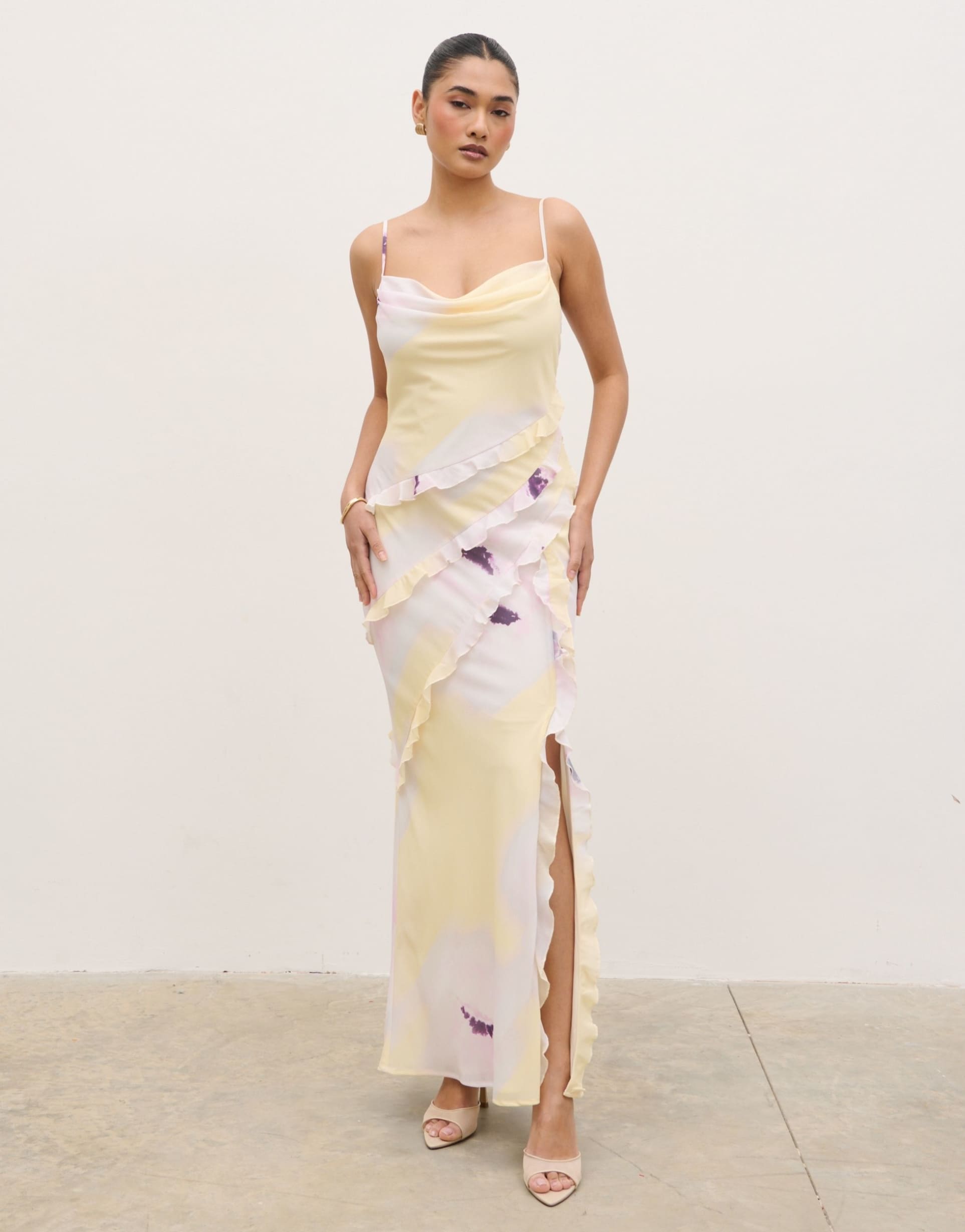 pretty lavish ruffle cami cowl neck maxi dress in watercolor lemon floral