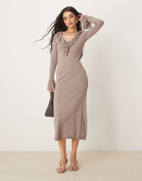 Pretty Lavish ruffle front knit midaxi dress in stone - view 1