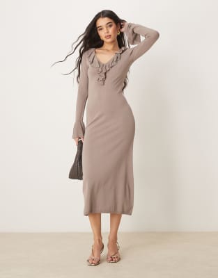 pretty lavish ruffle front knit midaxi dress in stone