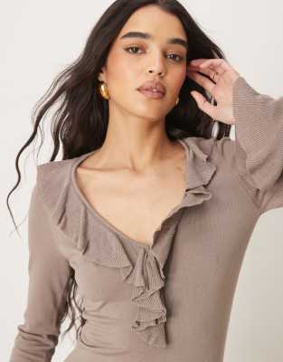 Pretty Lavish Ruffle Front Knit Midaxi Dress In Neutral