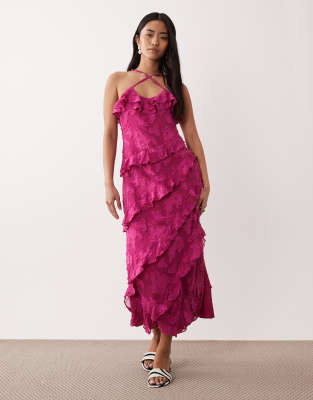 Pretty Lavish Ruffle Jacquard Cross Strap Midaxi Dress In Pink