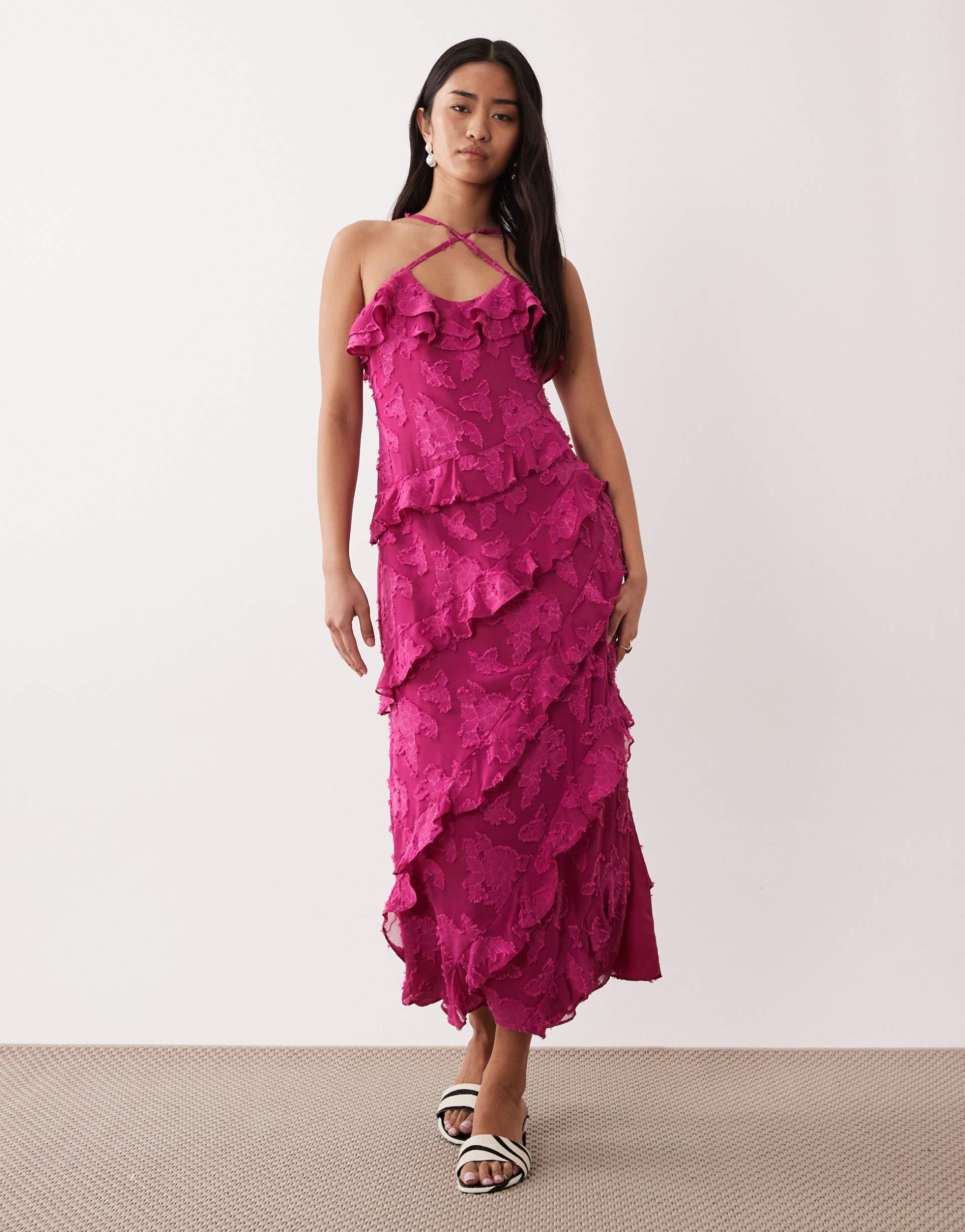 pretty lavish ruffle jacquard cross strap midaxi dress in berry
