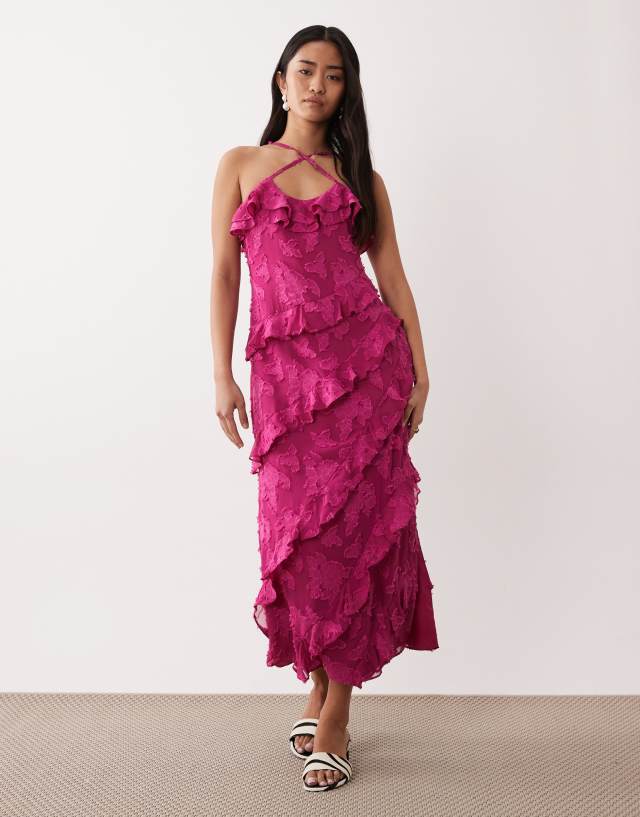 Pretty Lavish ruffle jacquard cross strap midaxi dress in berry | ASOS