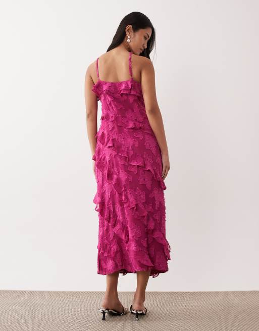 Pretty Lavish ruffle jacquard cross strap midaxi dress in berry | ASOS