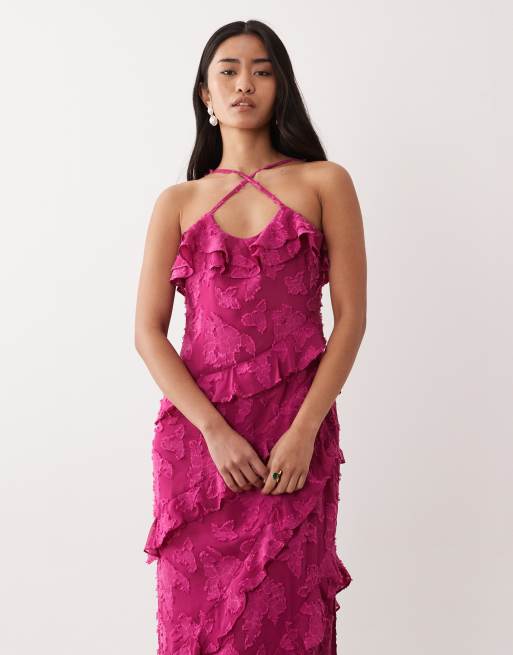 Pretty Lavish ruffle jacquard cross strap midaxi dress in berry, 4 of 4