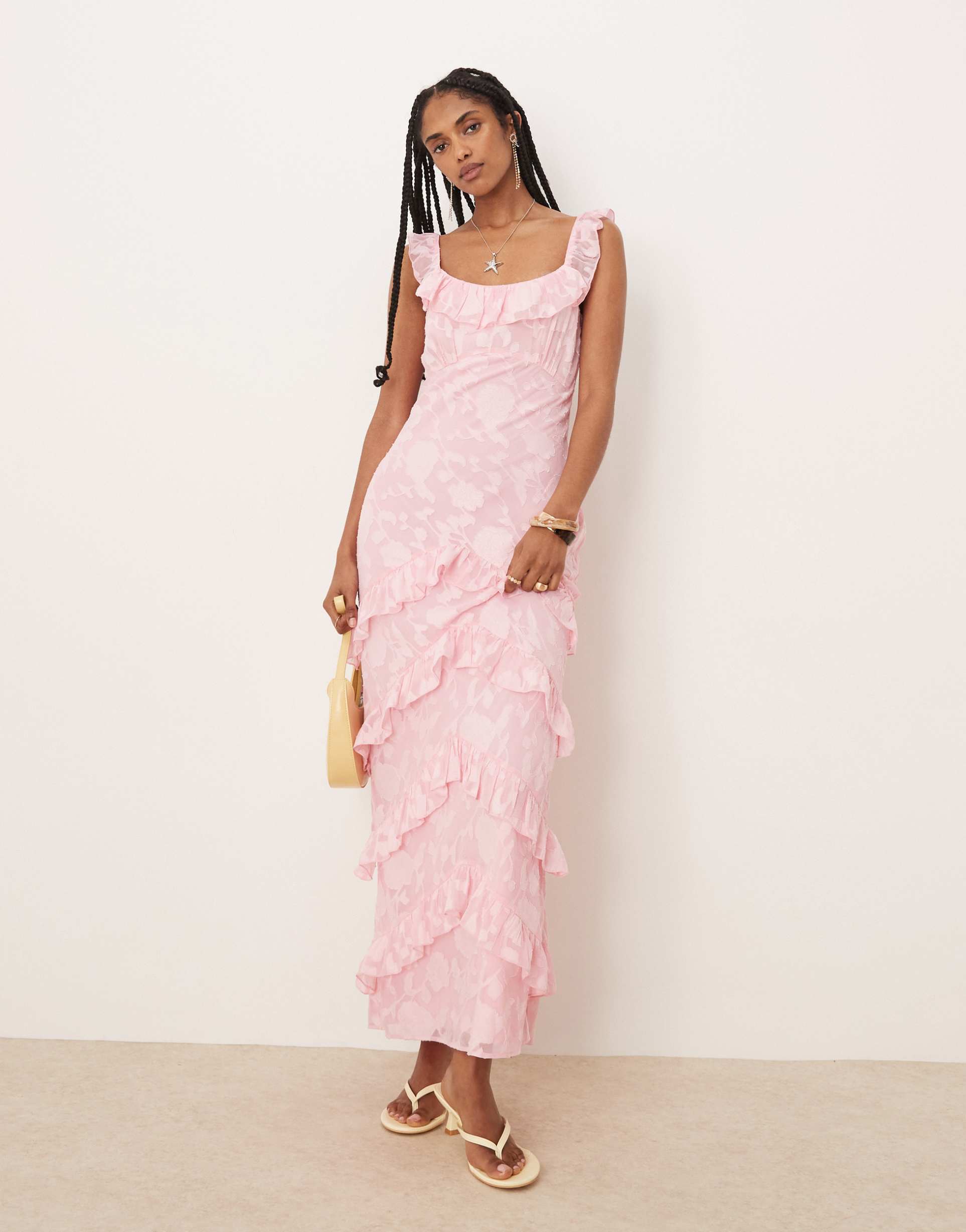 pretty lavish ruffle jacquard maxi dress in posie pink