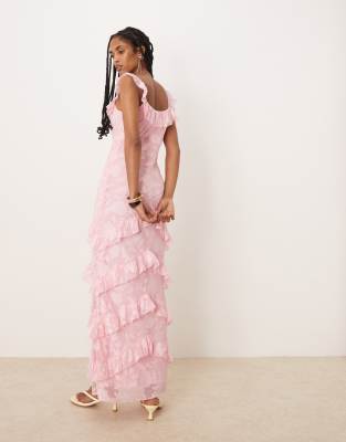 Pretty Lavish Ruffle Jacquard Maxi Dress In Pink