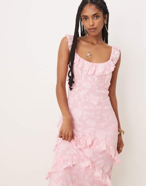 Pretty Lavish ruffle jacquard maxi dress in posie pink, 4 of 4