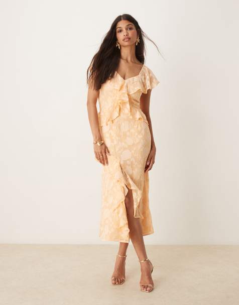 Pretty Lavish ruffle jacquard midaxi dress in apricot - view 1