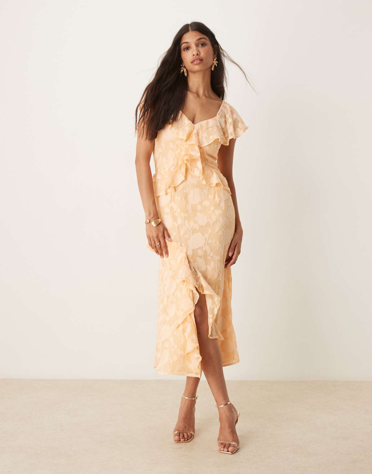 Pretty Lavish ruffle jacquard midaxi dress in apricot