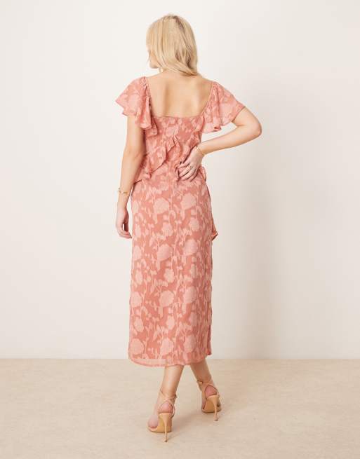 Pretty Lavish ruffle jacquard midaxi dress in terracotta, 3 of 4