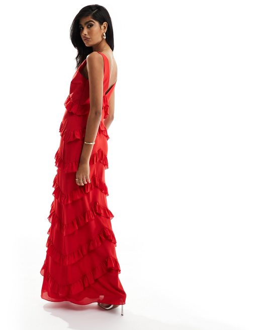 Red best sale frill gown