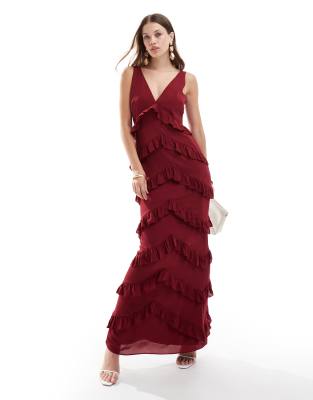 ruffle maxi dress in wine-Red