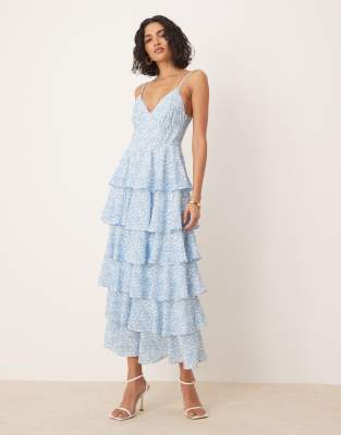 ruffle midaxi dress in blue abstract print