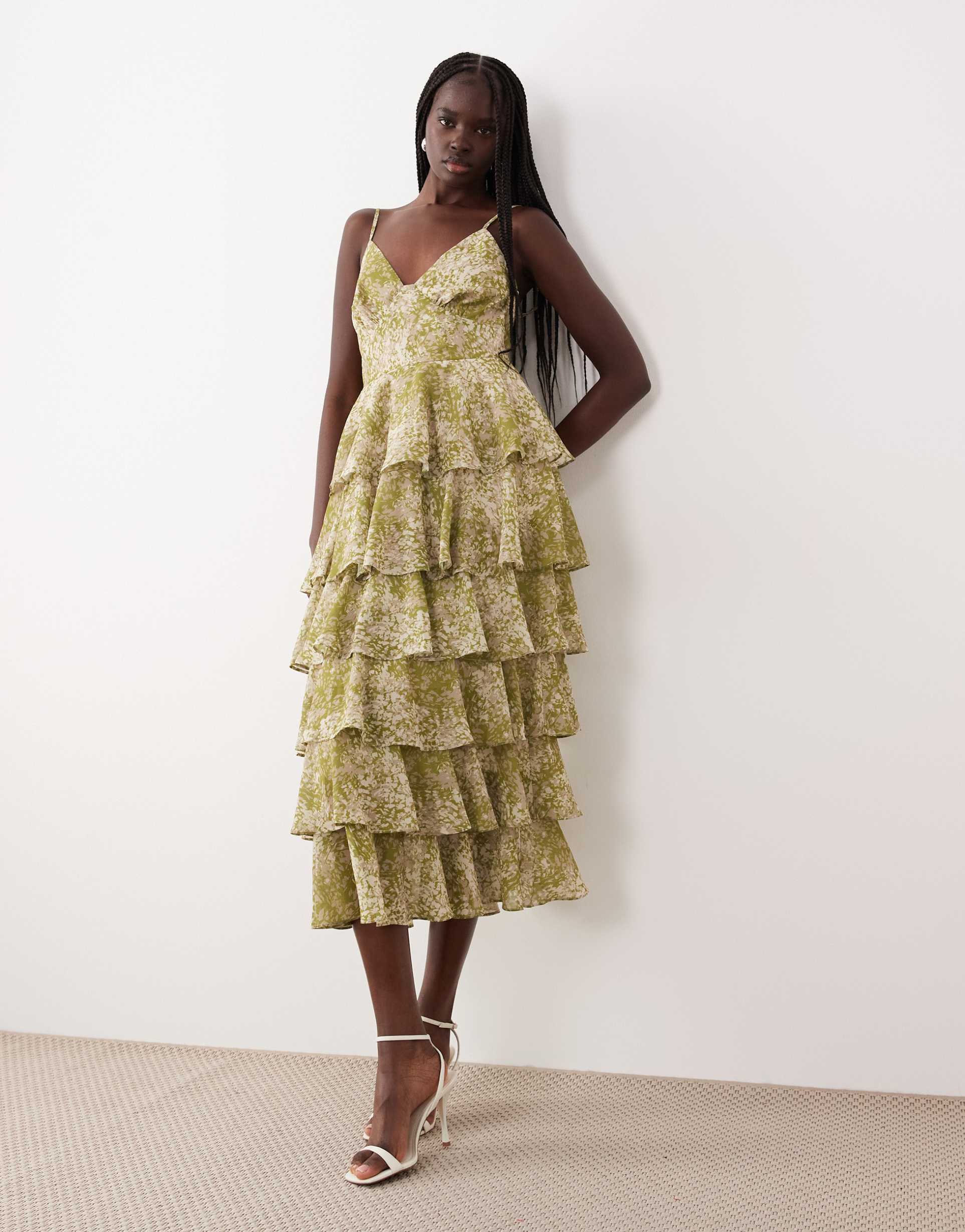 pretty lavish ruffle midaxi dress in green abstract print