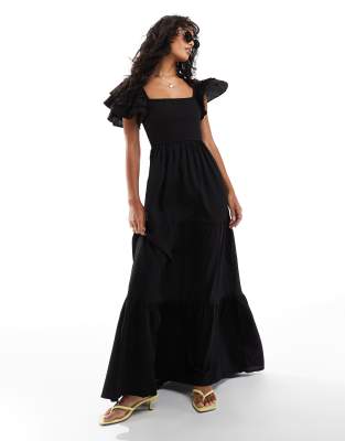 ruffle sleeve empire shirred maxi dress in black