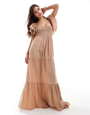 ruffle sleeve shirred maxi dress in biscuit-Neutral