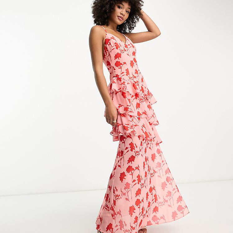 pink and red floral dress Scarf by Zara line skirt that falls to a chic midi hem Pretty Lavish ruffle split maxi