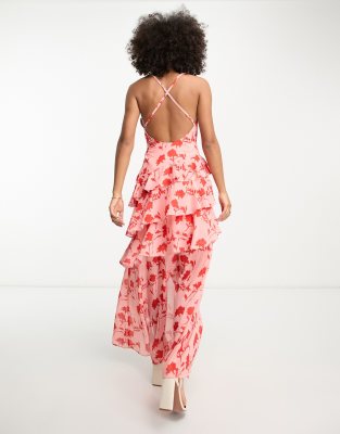 Pretty Lavish ruffle split maxi dress in pink and red floral