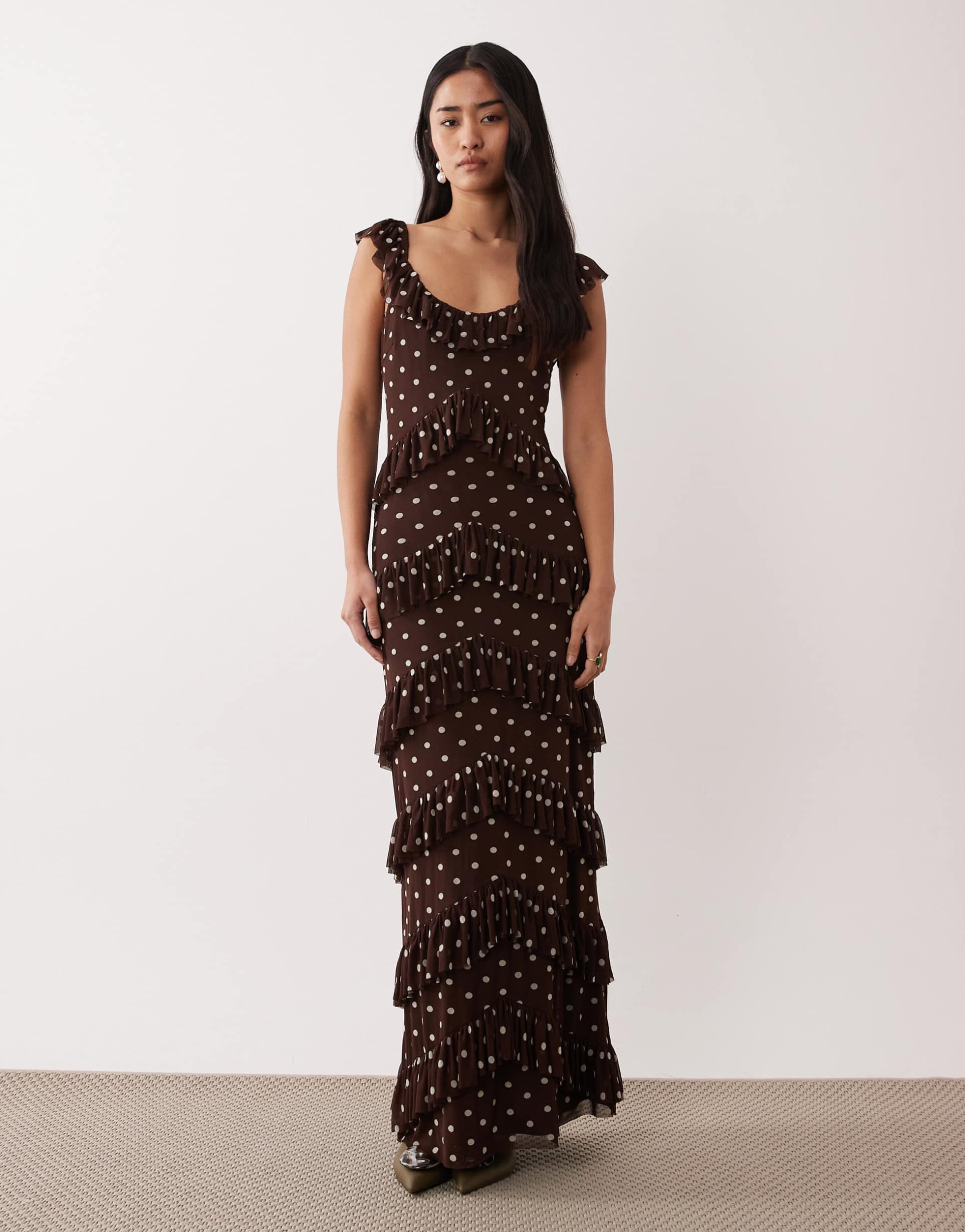 pretty lavish ruffle trim mesh scoop neck maxi dress in brown polka dots
