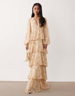 Pretty Lavish Ruffle V-neck Long Sleeve Maxi Dress In Neutral