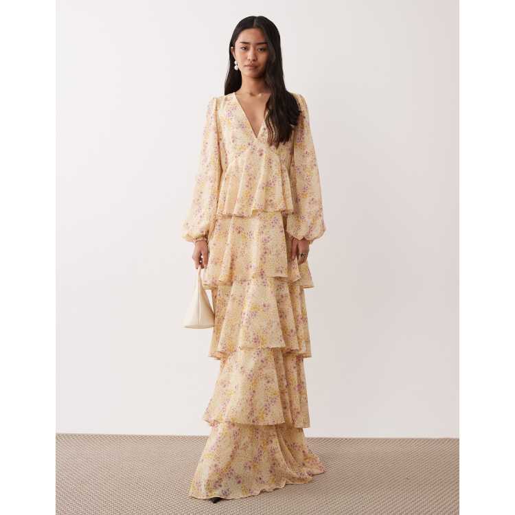 bhldn ariana long-sleeve v-neck jacquard ruffled maxi dress BHLDN