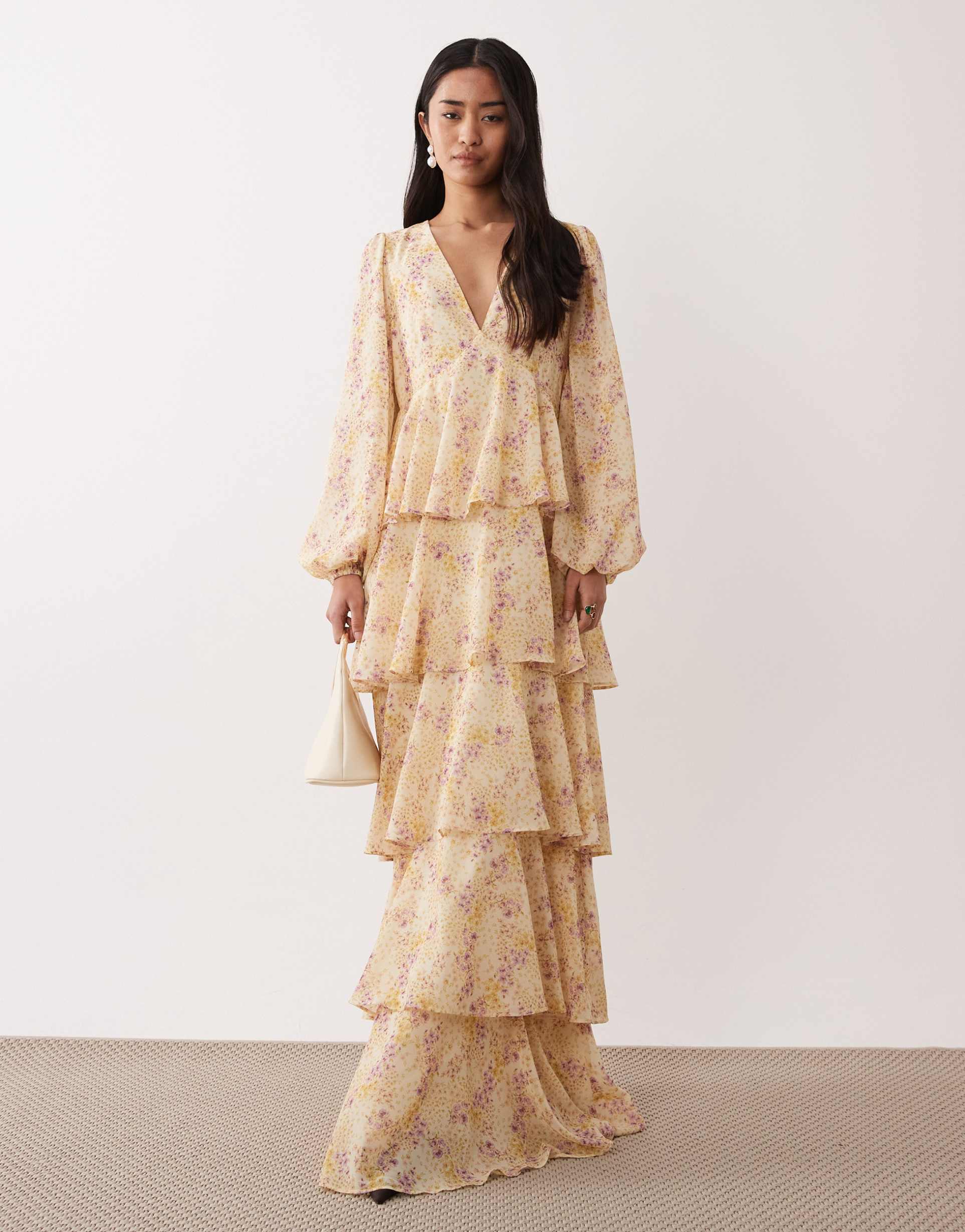 pretty lavish ruffle v-neck long sleeve maxi dress in ditsy floral