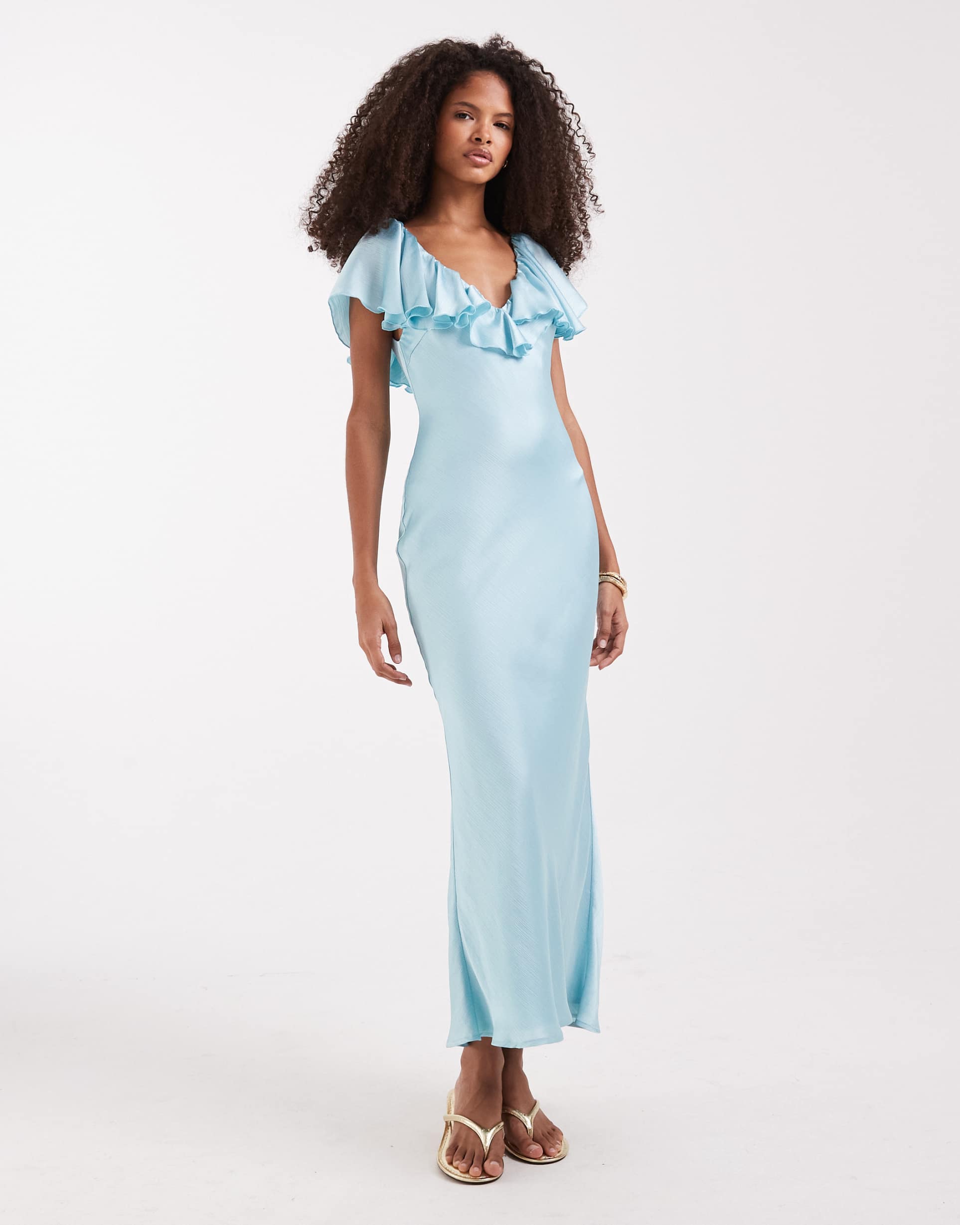 pretty lavish ruffle v-neck textured satin midaxi dress in soft aqua