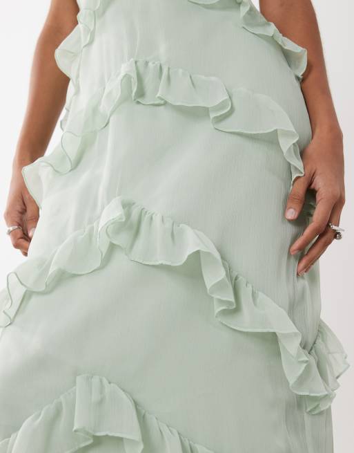 Pretty Lavish - Salviegrøn maxikjole med V-hals og flæser i chiffon, 2 af 4