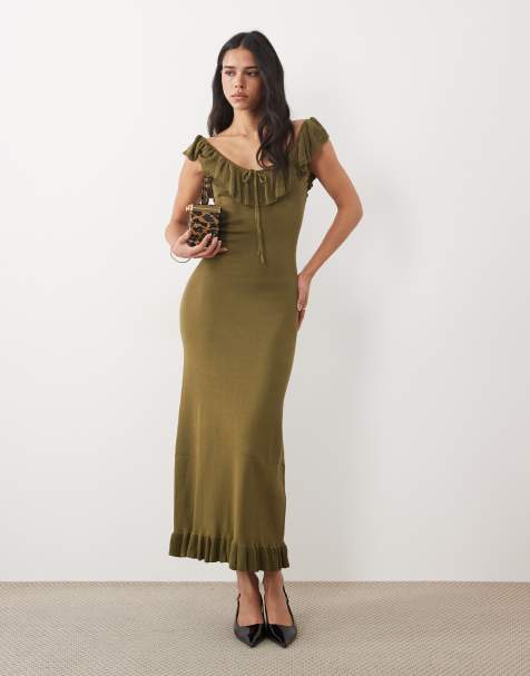 Pretty Lavish Sascha knit ruffle trim cami sweetheart neck maxi dress in olive green - view 1
