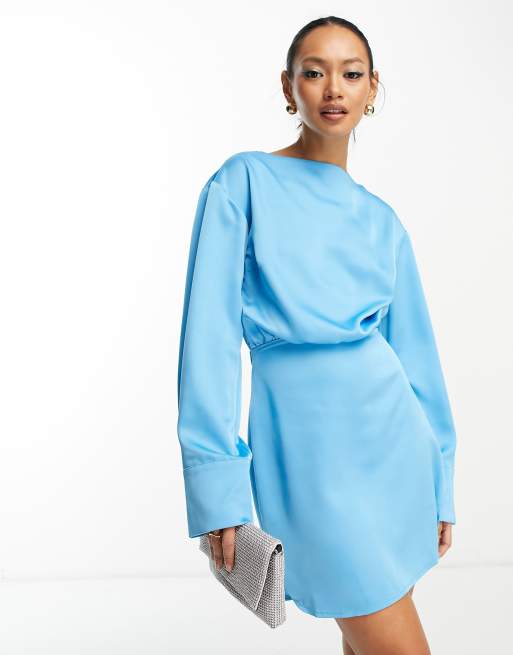 Brawl spectrum Sneeuwstorm Pretty Lavish - Satijnen mini jurk met lange mouwen in blauw | ASOS