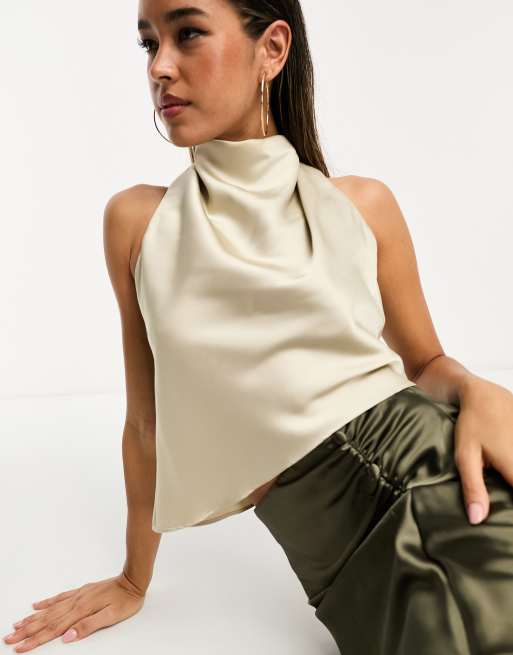 Pretty Lavish satin asymmetric high neck top in cream