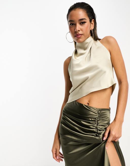 Pretty Lavish satin asymmetric high neck top in cream