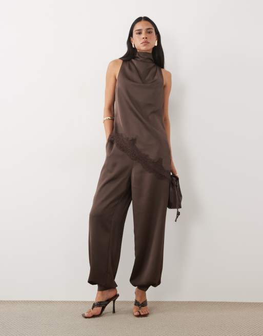 Pretty Lavish satin high cowl neck asymmetric lace hem top and barrel pants set in chocolate, 3 of 3