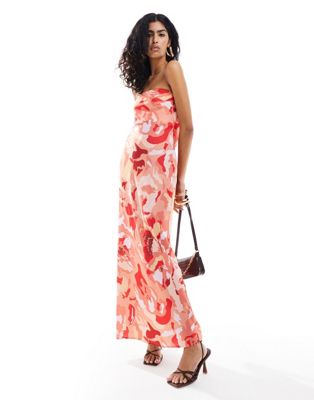 satin bandeau maxi dress in red abstract floral