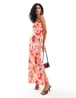 satin bandeau maxi dress in red abstract floral